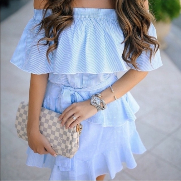 Topshop Frill Bardot Ruffle Off Shoulder Dress Women's 6 Blue White Pinstripe - Picture 1 of 11